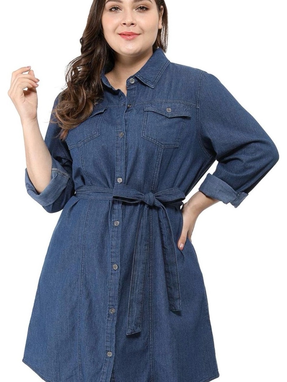Denim Shirt Dress with Tie Waist - Blue Long Sleeve